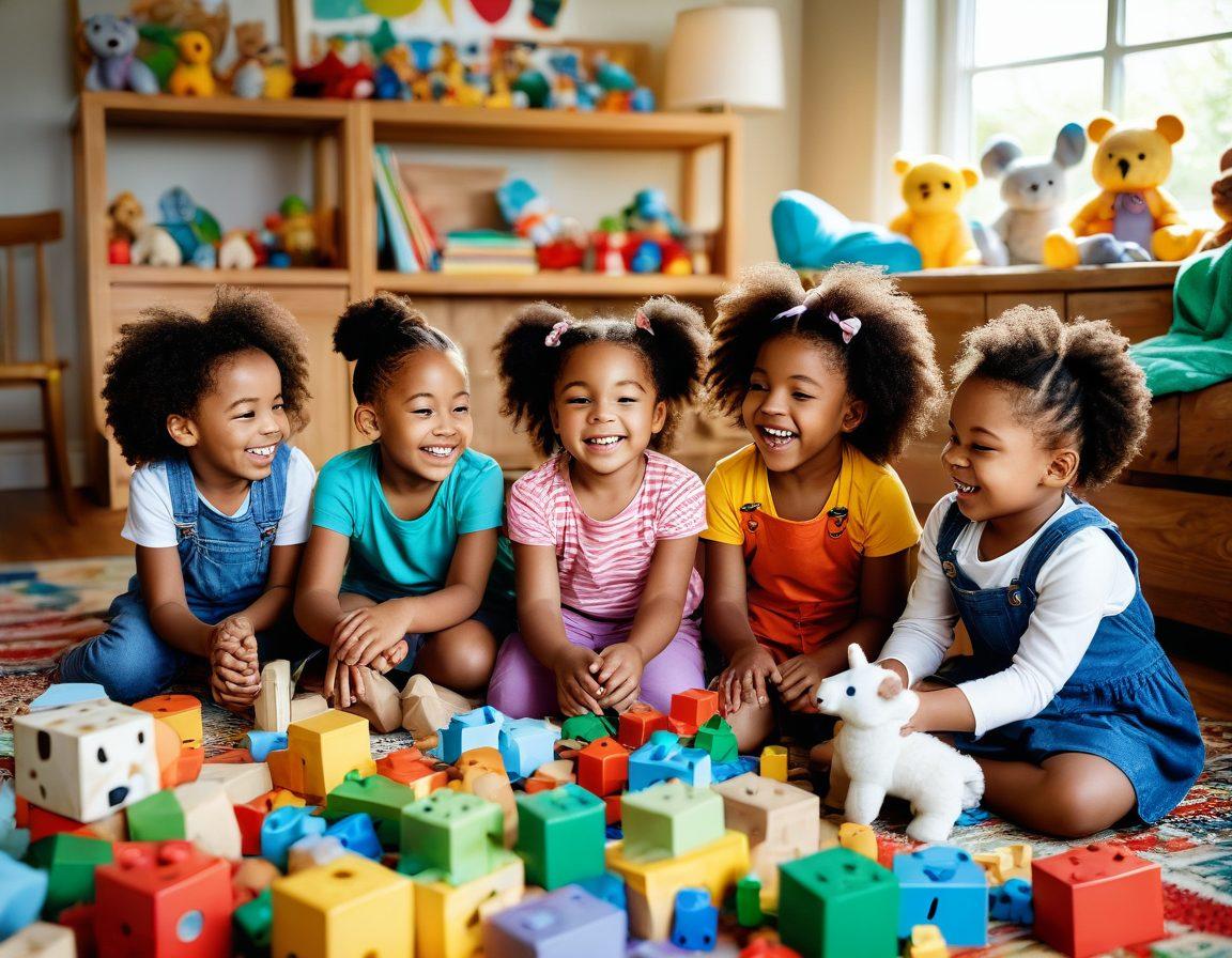 A whimsical scene showcasing a diverse group of children engaged in imaginative play with a variety of colorful toys scattered around. Include interactive toys like building blocks, plush animals, and puzzles, surrounded by a warm, inviting atmosphere filled with sunlight and laughter. Emphasize joy and creativity through expressive faces. Bright colors with a soft, dreamlike quality. vibrant colors. whimsical style.