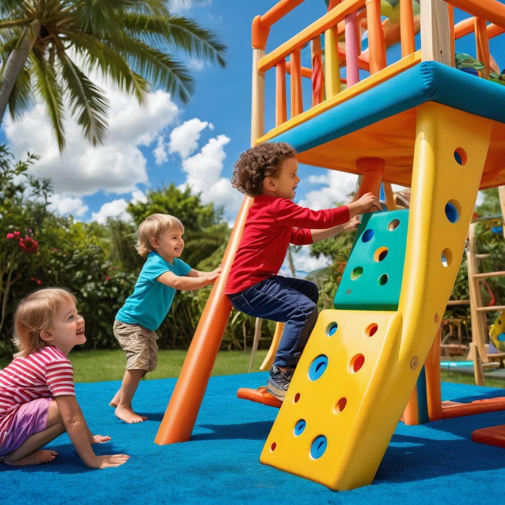A whimsical scene showcasing a variety of playthings: a child climbing a colorful outdoor jungle gym, another building with large foam blocks indoors, and a group of kids playing board games on a vibrant mat. The background is a bright blue sky with fluffy clouds and a cozy indoor setting with warm lighting. Emphasize joy and creativity in play. super-realistic. vibrant colors. bright background.