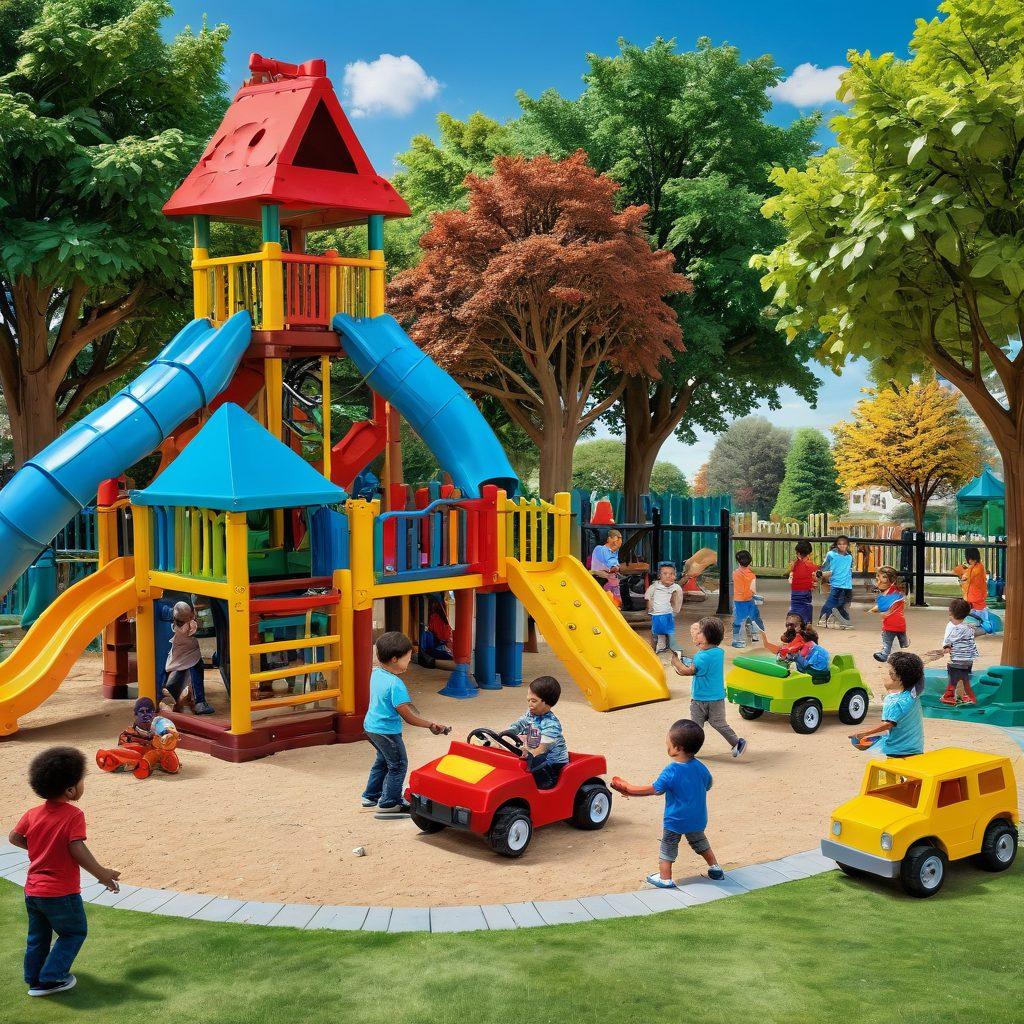 A colorful playground scene filled with children playing with innovative toys like building blocks, educational games, and remote-controlled cars. Emphasize diversity among kids, showcasing laughter and interaction. Include vibrant trees and playful animals in the background, symbolizing a lively, learning environment. super-realistic. vibrant colors.